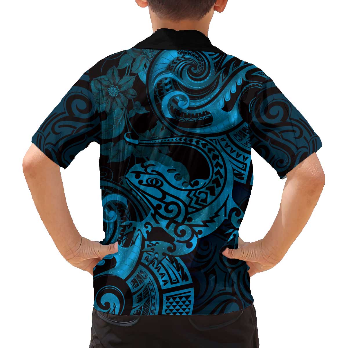 New Zealand Tuatara Family Matching Off Shoulder Short Dress and Hawaiian Shirt Aotearoa Maori Clematis Flowers - Blue LT14 - Polynesian Pride