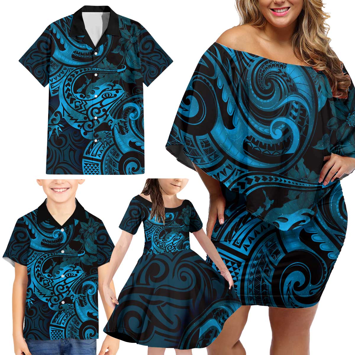 New Zealand Tuatara Family Matching Off Shoulder Short Dress and Hawaiian Shirt Aotearoa Maori Clematis Flowers - Blue LT14 - Polynesian Pride
