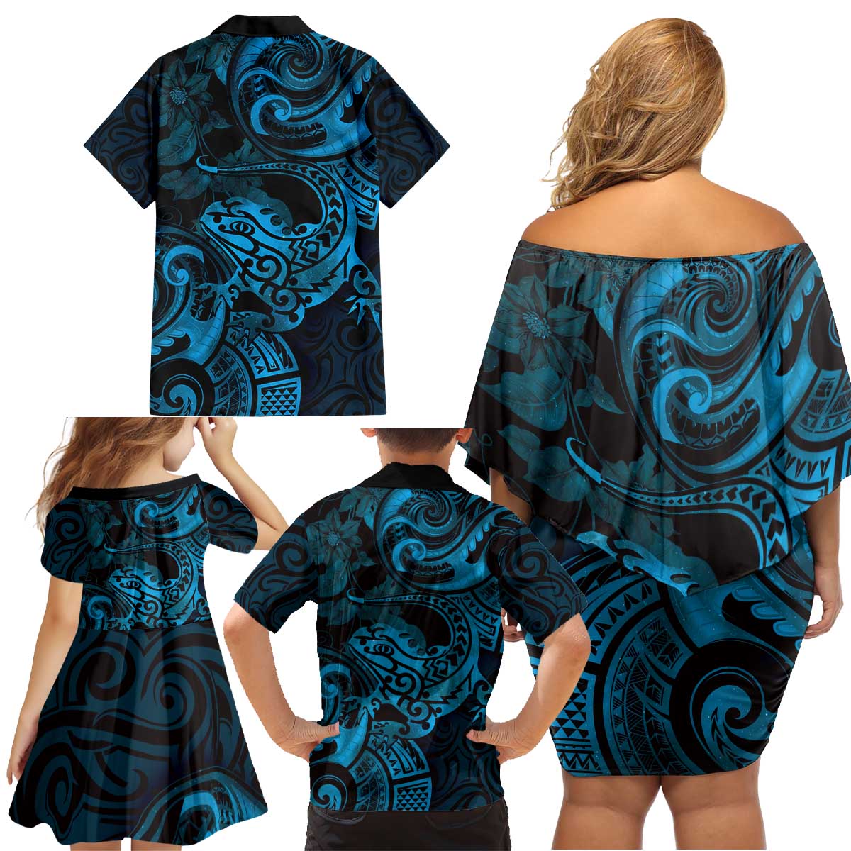 New Zealand Tuatara Family Matching Off Shoulder Short Dress and Hawaiian Shirt Aotearoa Maori Clematis Flowers - Blue LT14 - Polynesian Pride