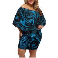 New Zealand Tuatara Family Matching Off Shoulder Short Dress and Hawaiian Shirt Aotearoa Maori Clematis Flowers - Blue LT14 Mom's Dress Blue - Polynesian Pride