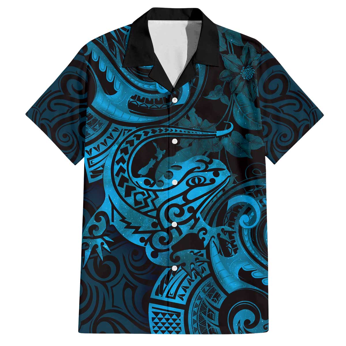 New Zealand Tuatara Family Matching Puletasi and Hawaiian Shirt Aotearoa Maori Clematis Flowers - Blue LT14 Dad's Shirt - Short Sleeve Blue - Polynesian Pride