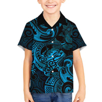New Zealand Tuatara Family Matching Puletasi and Hawaiian Shirt Aotearoa Maori Clematis Flowers - Blue LT14 Son's Shirt Blue - Polynesian Pride