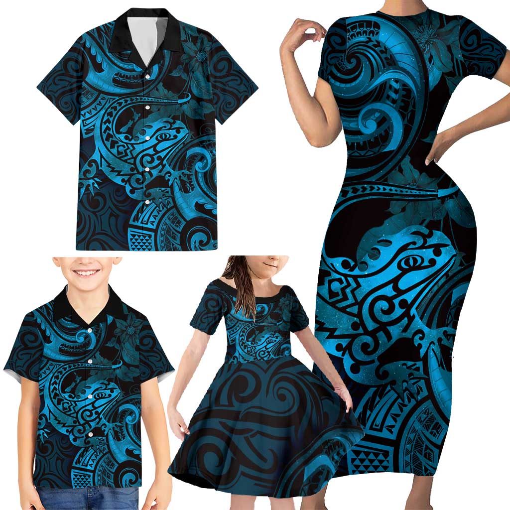 New Zealand Tuatara Family Matching Short Sleeve Bodycon Dress and Hawaiian Shirt Aotearoa Maori Clematis Flowers - Blue LT14 - Polynesian Pride