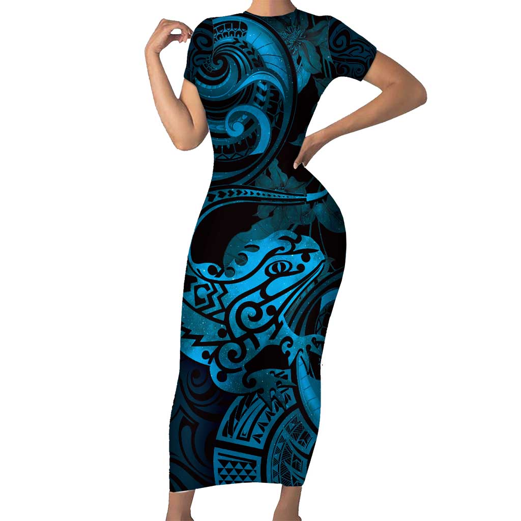 New Zealand Tuatara Family Matching Short Sleeve Bodycon Dress and Hawaiian Shirt Aotearoa Maori Clematis Flowers - Blue LT14 Mom's Dress Blue - Polynesian Pride
