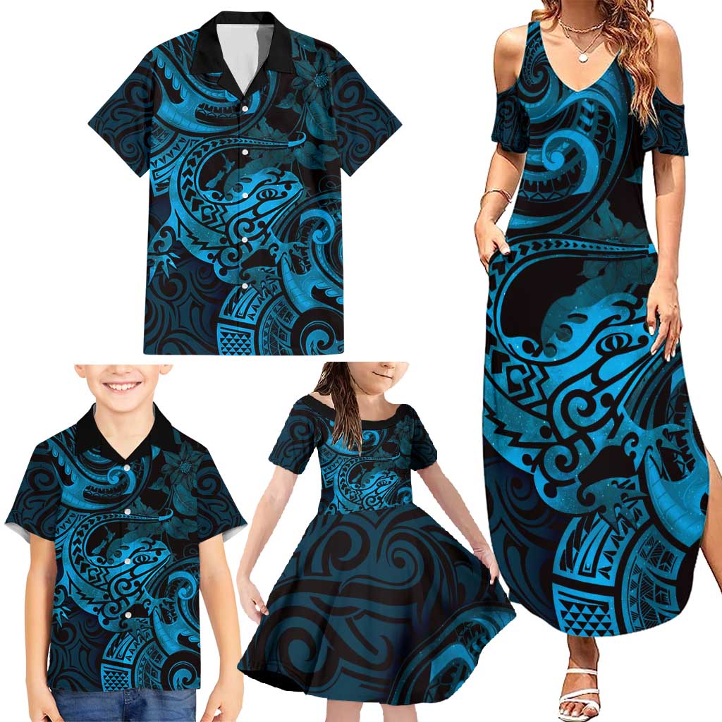 New Zealand Tuatara Family Matching Summer Maxi Dress and Hawaiian Shirt Aotearoa Maori Clematis Flowers - Blue LT14 - Polynesian Pride