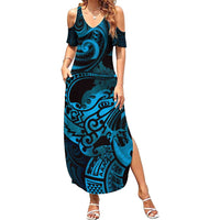 New Zealand Tuatara Family Matching Summer Maxi Dress and Hawaiian Shirt Aotearoa Maori Clematis Flowers - Blue LT14 Mom's Dress Blue - Polynesian Pride