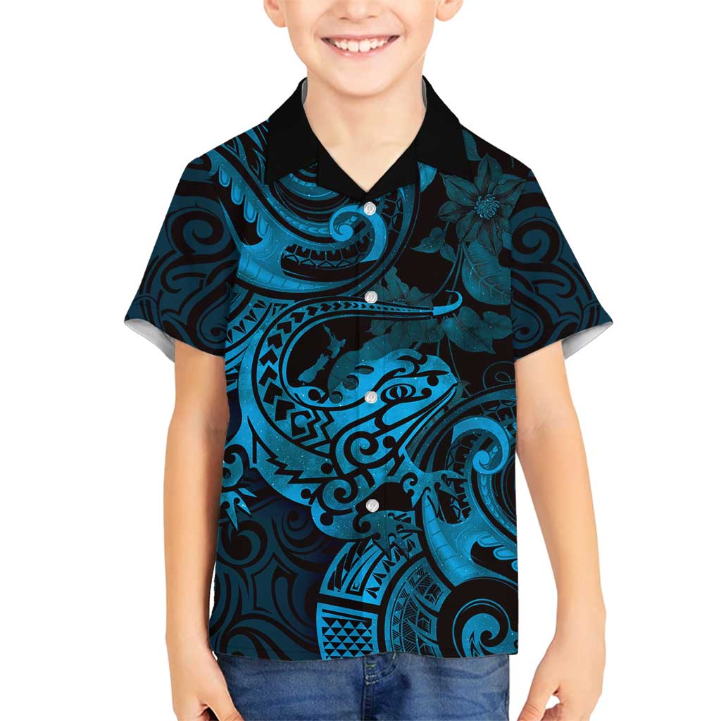 New Zealand Tuatara Family Matching Summer Maxi Dress and Hawaiian Shirt Aotearoa Maori Clematis Flowers - Blue LT14 Son's Shirt Blue - Polynesian Pride