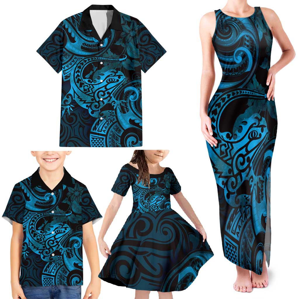 New Zealand Tuatara Family Matching Tank Maxi Dress and Hawaiian Shirt Aotearoa Maori Clematis Flowers - Blue LT14 - Polynesian Pride