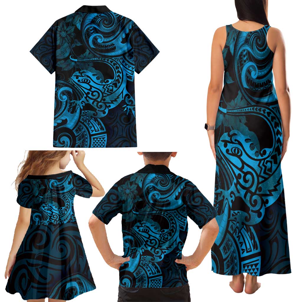 New Zealand Tuatara Family Matching Tank Maxi Dress and Hawaiian Shirt Aotearoa Maori Clematis Flowers - Blue LT14 - Polynesian Pride