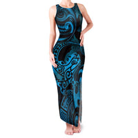 New Zealand Tuatara Family Matching Tank Maxi Dress and Hawaiian Shirt Aotearoa Maori Clematis Flowers - Blue LT14 Mom's Dress Blue - Polynesian Pride