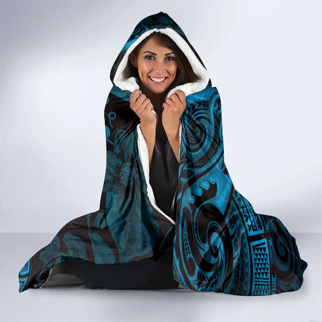 New Zealand Tuatara Hooded Blanket Aotearoa Maori Clematis Flowers - Blue LT14 - Polynesian Pride