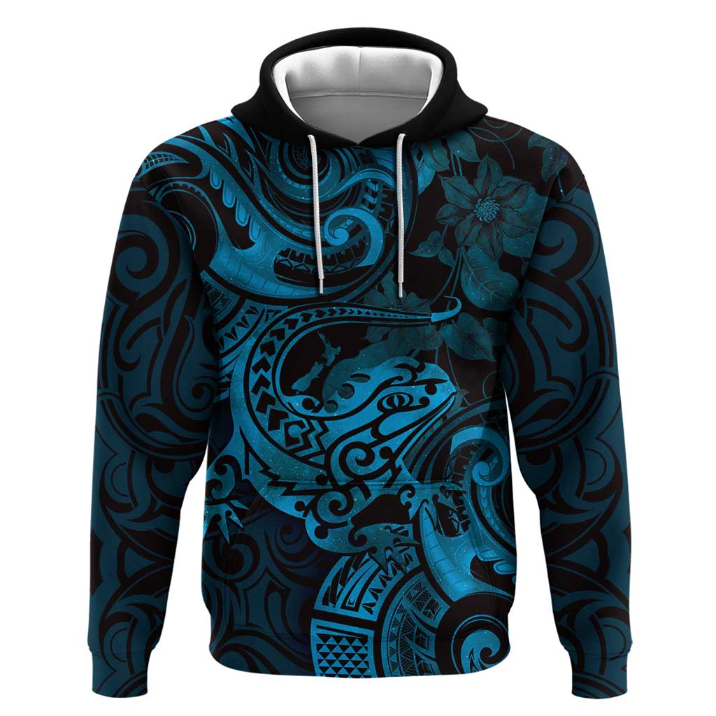 New Zealand Tuatara Hoodie Aotearoa Maori Clematis Flowers - Blue LT14 Pullover Hoodie Blue - Polynesian Pride