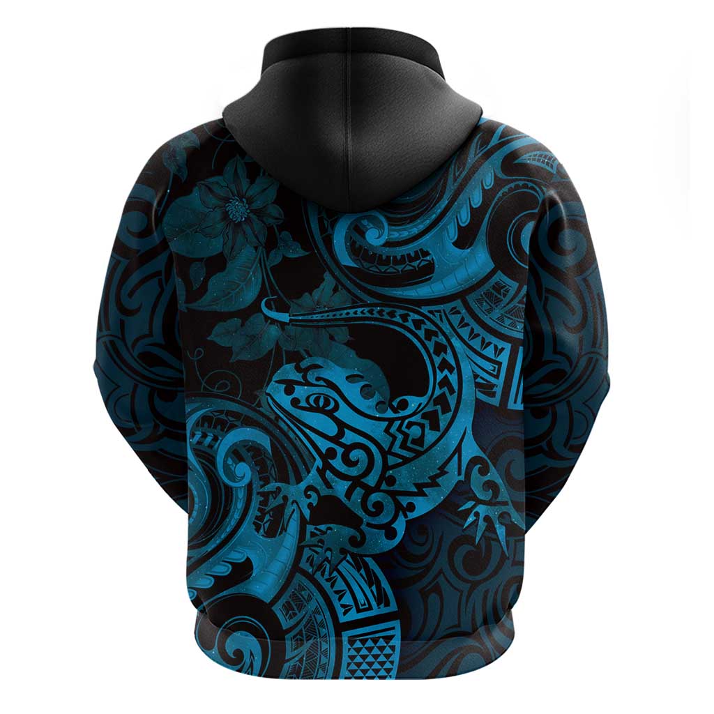 New Zealand Tuatara Hoodie Aotearoa Maori Clematis Flowers - Blue LT14 - Polynesian Pride
