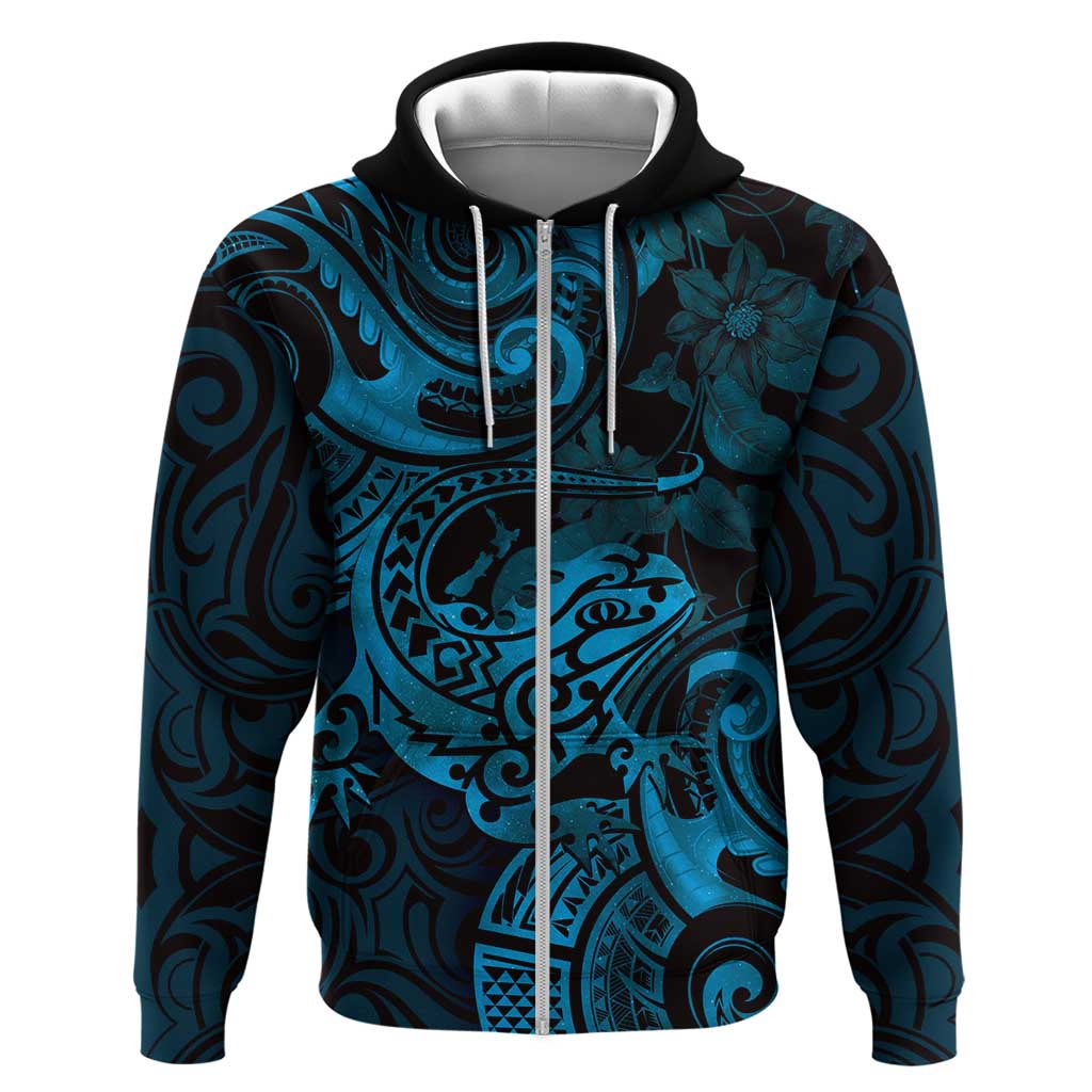 New Zealand Tuatara Hoodie Aotearoa Maori Clematis Flowers - Blue LT14 Zip Hoodie Blue - Polynesian Pride