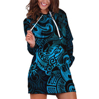New Zealand Tuatara Hoodie Dress Aotearoa Maori Clematis Flowers - Blue LT14 Blue - Polynesian Pride