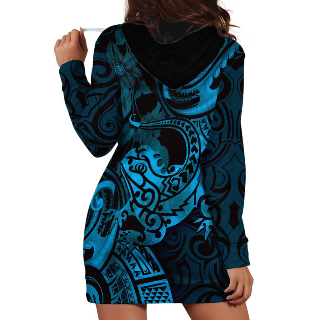 New Zealand Tuatara Hoodie Dress Aotearoa Maori Clematis Flowers - Blue LT14 - Polynesian Pride