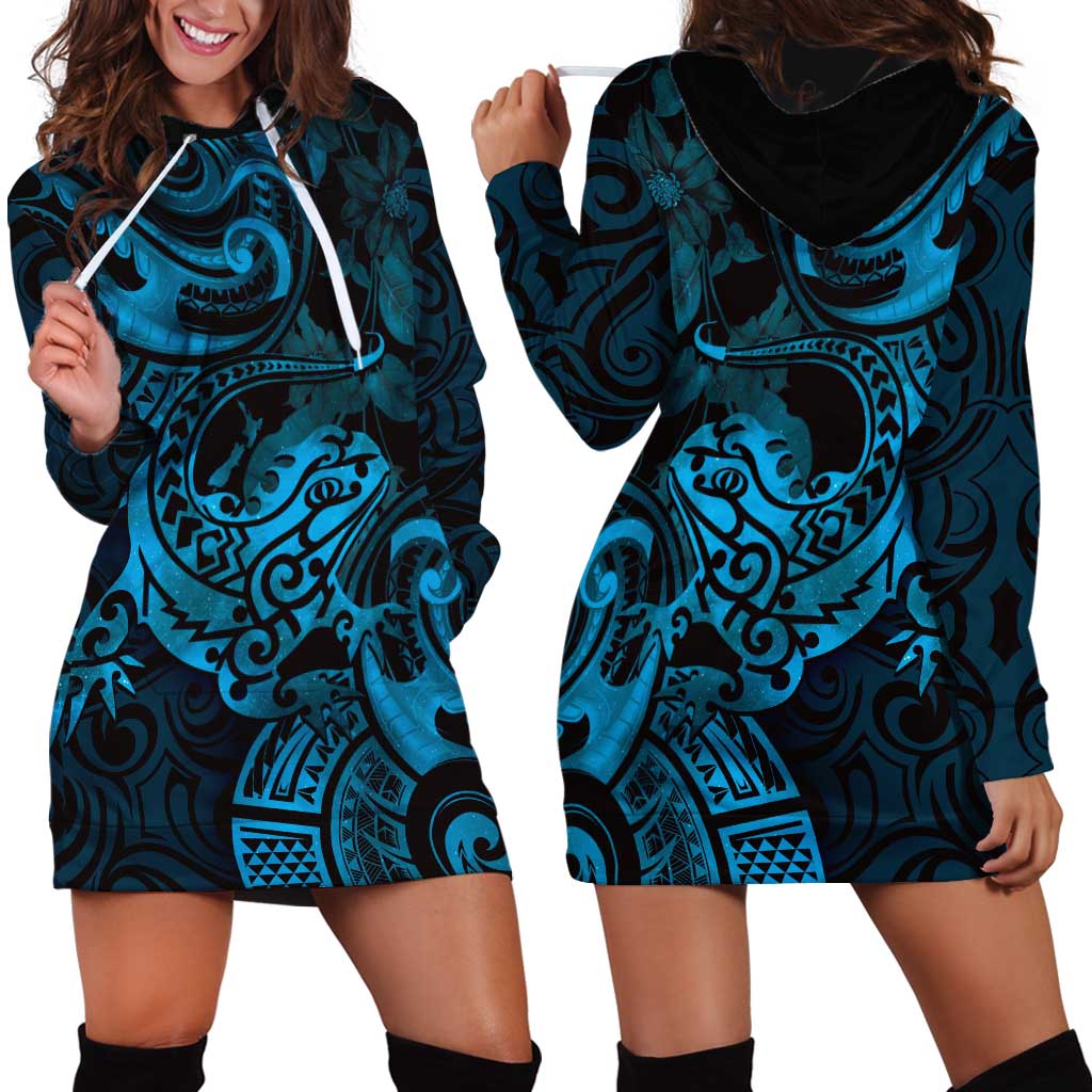 New Zealand Tuatara Hoodie Dress Aotearoa Maori Clematis Flowers - Blue LT14 - Polynesian Pride