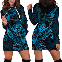 New Zealand Tuatara Hoodie Dress Aotearoa Maori Clematis Flowers - Blue LT14 - Polynesian Pride