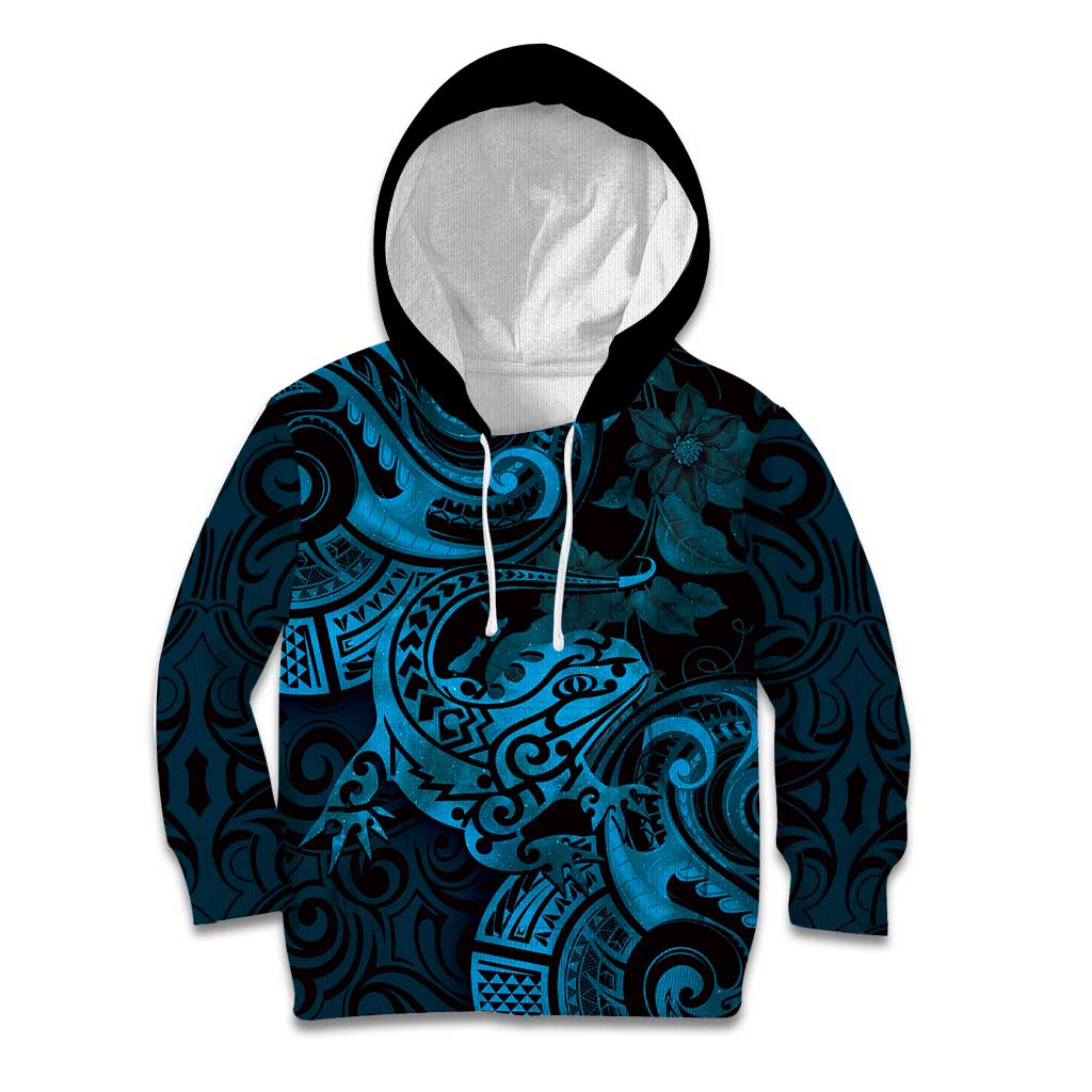 New Zealand Tuatara Kid Hoodie Aotearoa Maori Clematis Flowers - Blue LT14 Hoodie Blue - Polynesian Pride