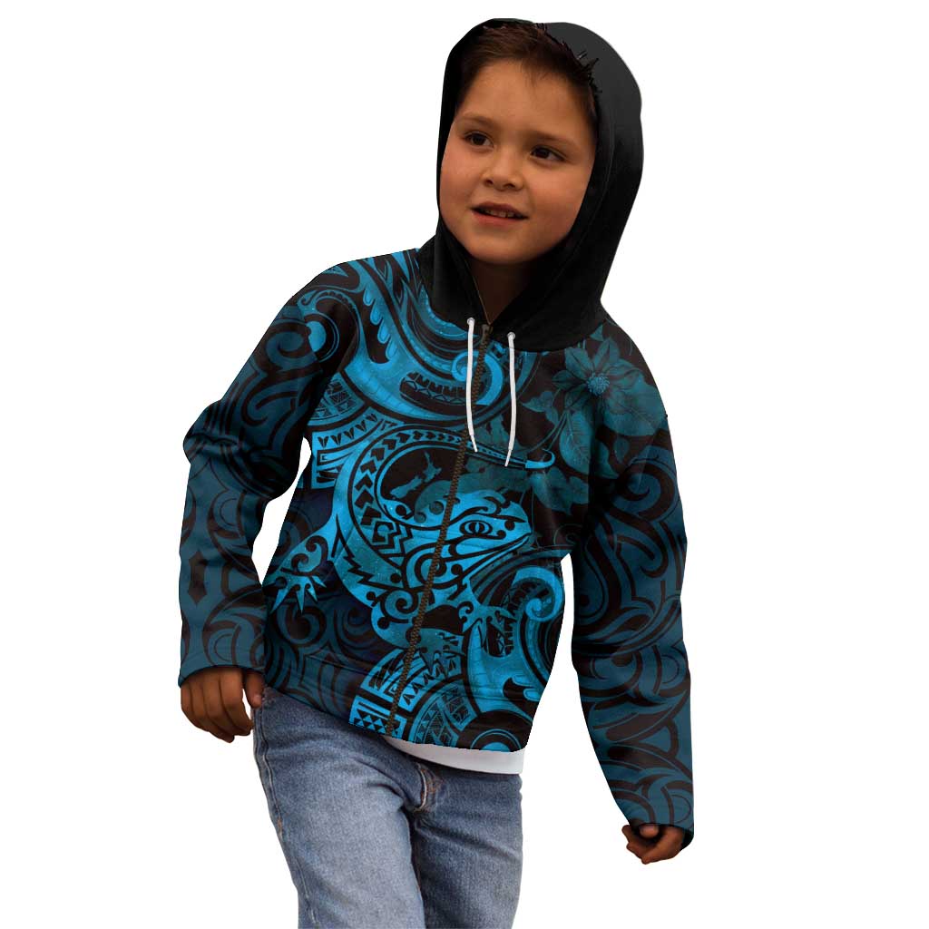 New Zealand Tuatara Kid Hoodie Aotearoa Maori Clematis Flowers - Blue LT14 - Polynesian Pride