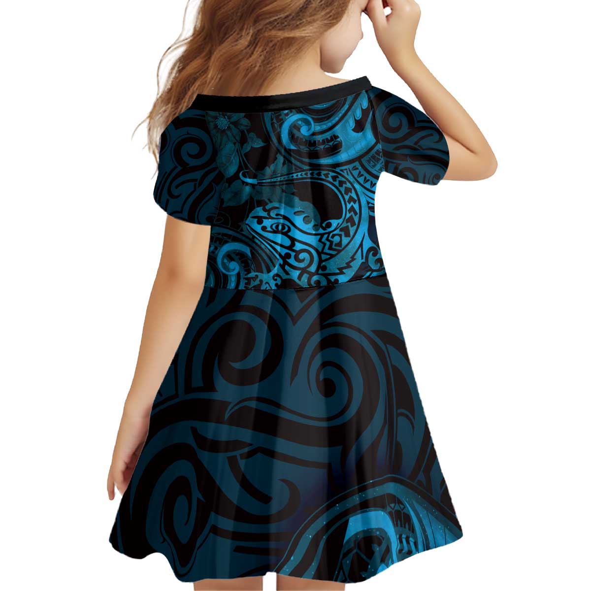 New Zealand Tuatara Kid Short Sleeve Dress Aotearoa Maori Clematis Flowers - Blue LT14 - Polynesian Pride