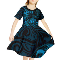New Zealand Tuatara Kid Short Sleeve Dress Aotearoa Maori Clematis Flowers - Blue LT14 - Polynesian Pride