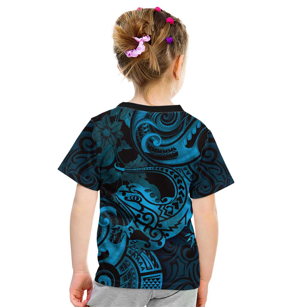New Zealand Tuatara Kid T Shirt Aotearoa Maori Clematis Flowers - Blue LT14 - Polynesian Pride