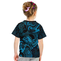 New Zealand Tuatara Kid T Shirt Aotearoa Maori Clematis Flowers - Blue LT14 - Polynesian Pride