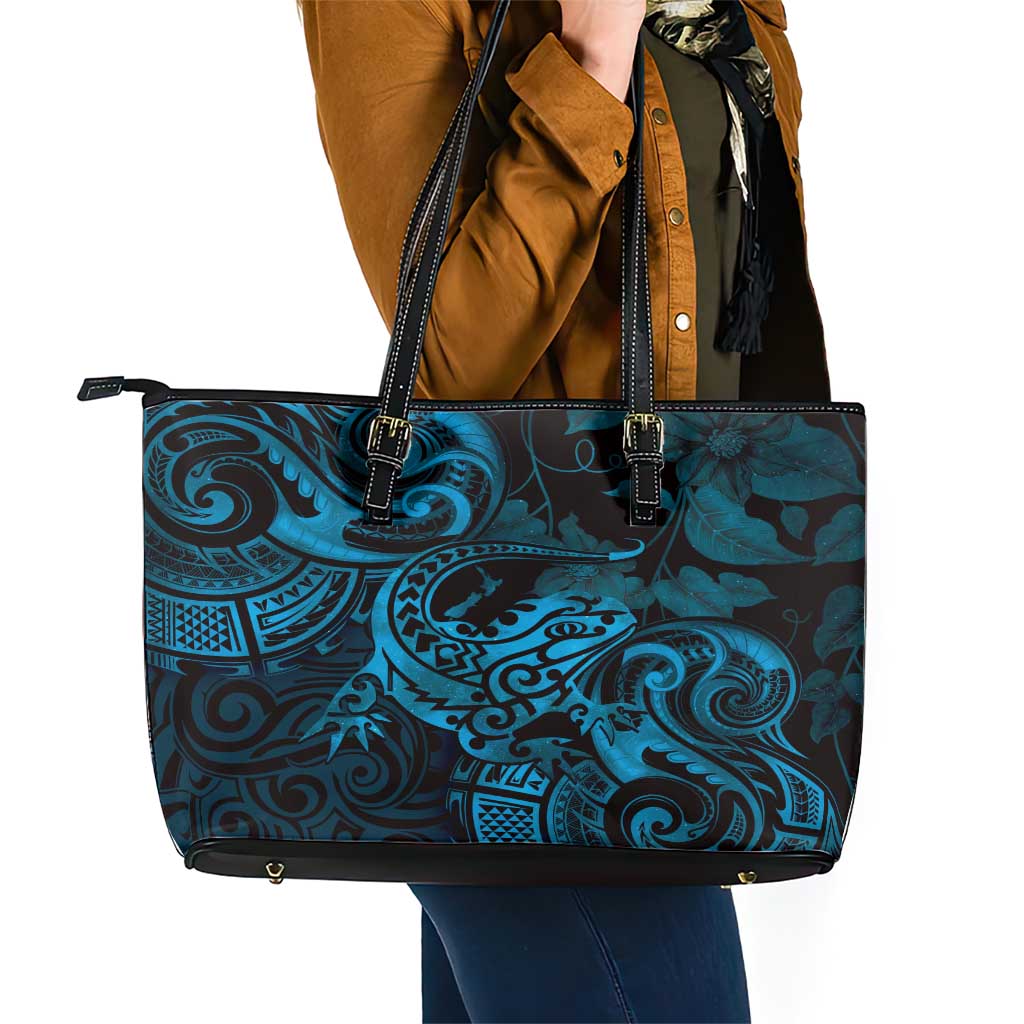 New Zealand Tuatara Leather Tote Bag Aotearoa Maori Clematis Flowers - Blue LT14 - Polynesian Pride