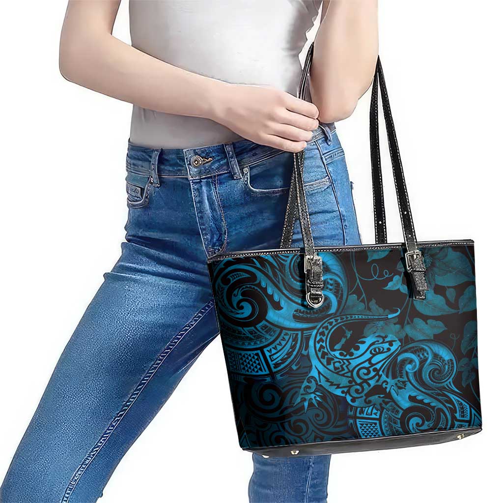 New Zealand Tuatara Leather Tote Bag Aotearoa Maori Clematis Flowers - Blue LT14 - Polynesian Pride
