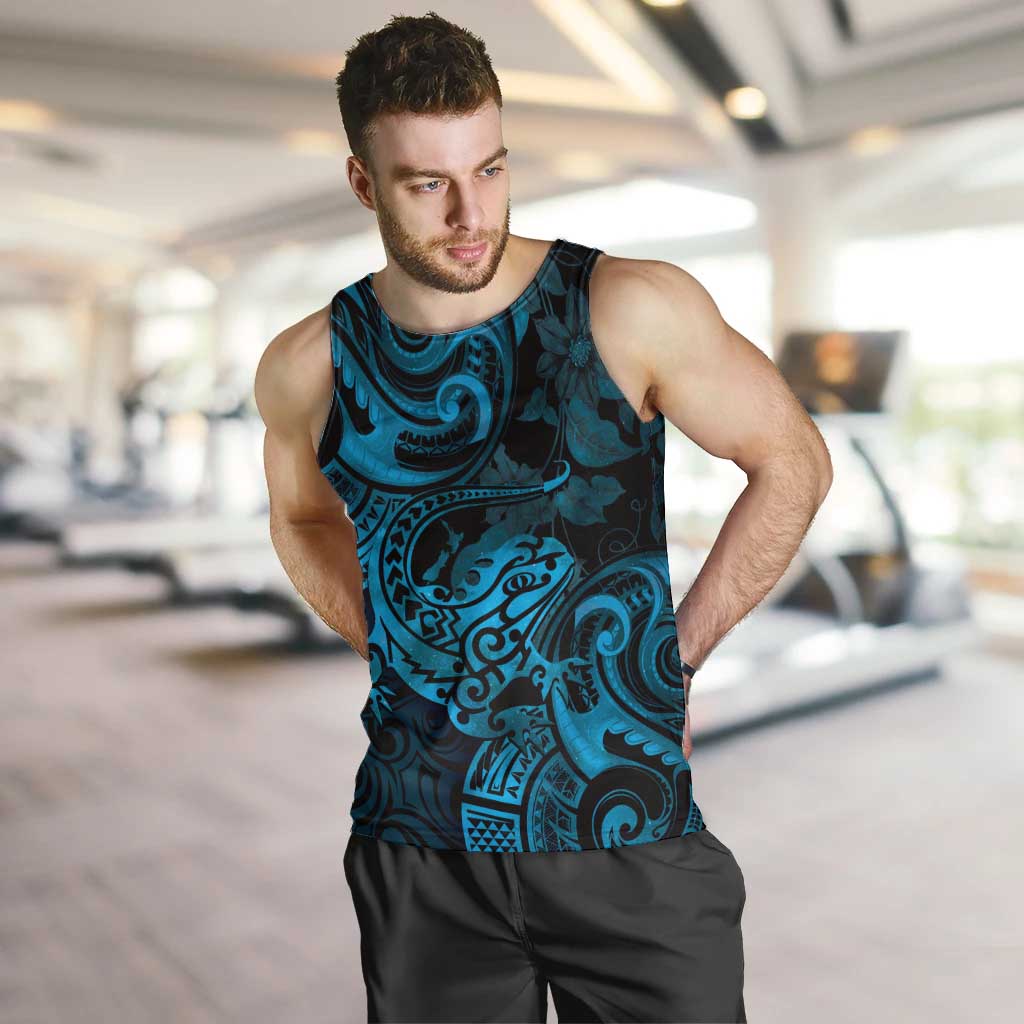 New Zealand Tuatara Men Tank Top Aotearoa Maori Clematis Flowers - Blue LT14 Blue - Polynesian Pride