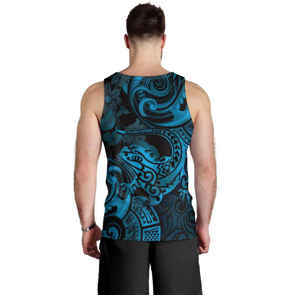 New Zealand Tuatara Men Tank Top Aotearoa Maori Clematis Flowers - Blue LT14 - Polynesian Pride