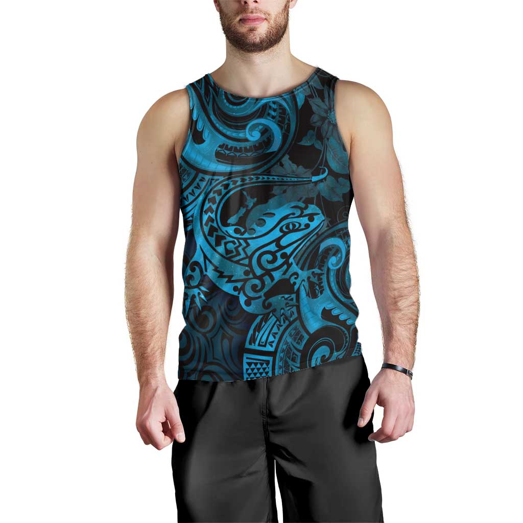 New Zealand Tuatara Men Tank Top Aotearoa Maori Clematis Flowers - Blue LT14 - Polynesian Pride