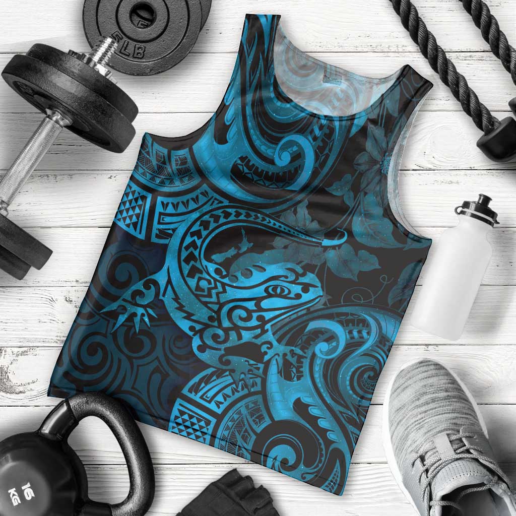 New Zealand Tuatara Men Tank Top Aotearoa Maori Clematis Flowers - Blue LT14 - Polynesian Pride