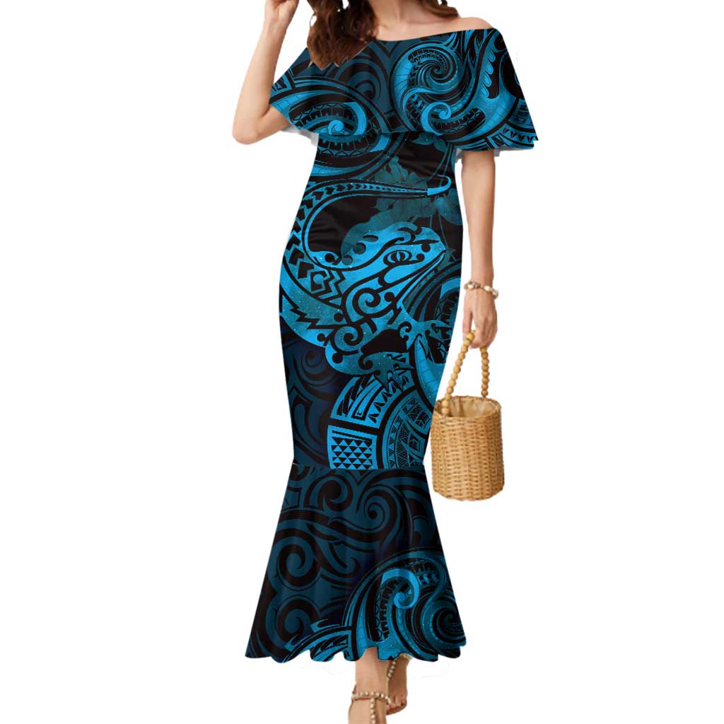 New Zealand Tuatara Mermaid Dress Aotearoa Maori Clematis Flowers - Blue LT14 Women Blue - Polynesian Pride