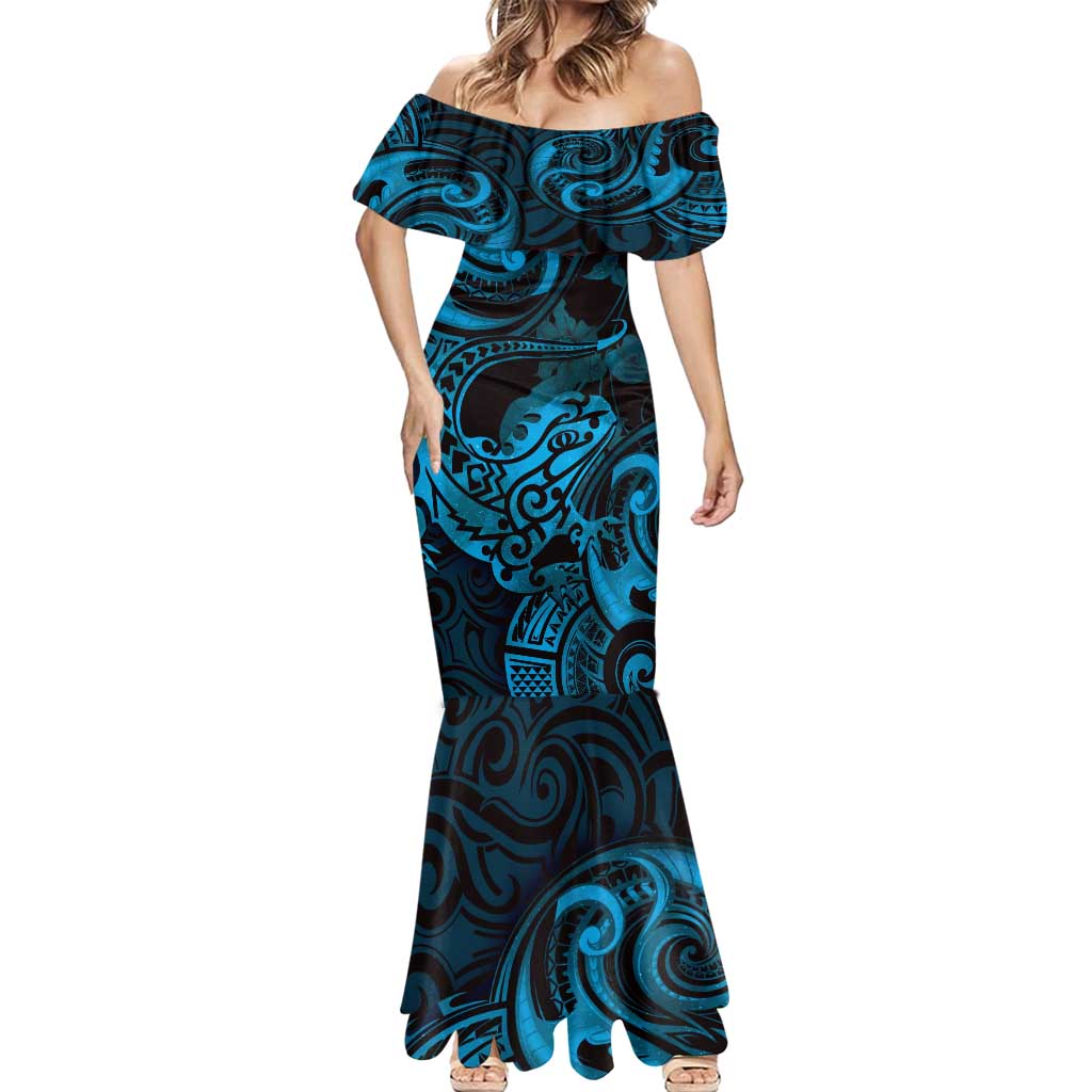 New Zealand Tuatara Mermaid Dress Aotearoa Maori Clematis Flowers - Blue LT14 - Polynesian Pride
