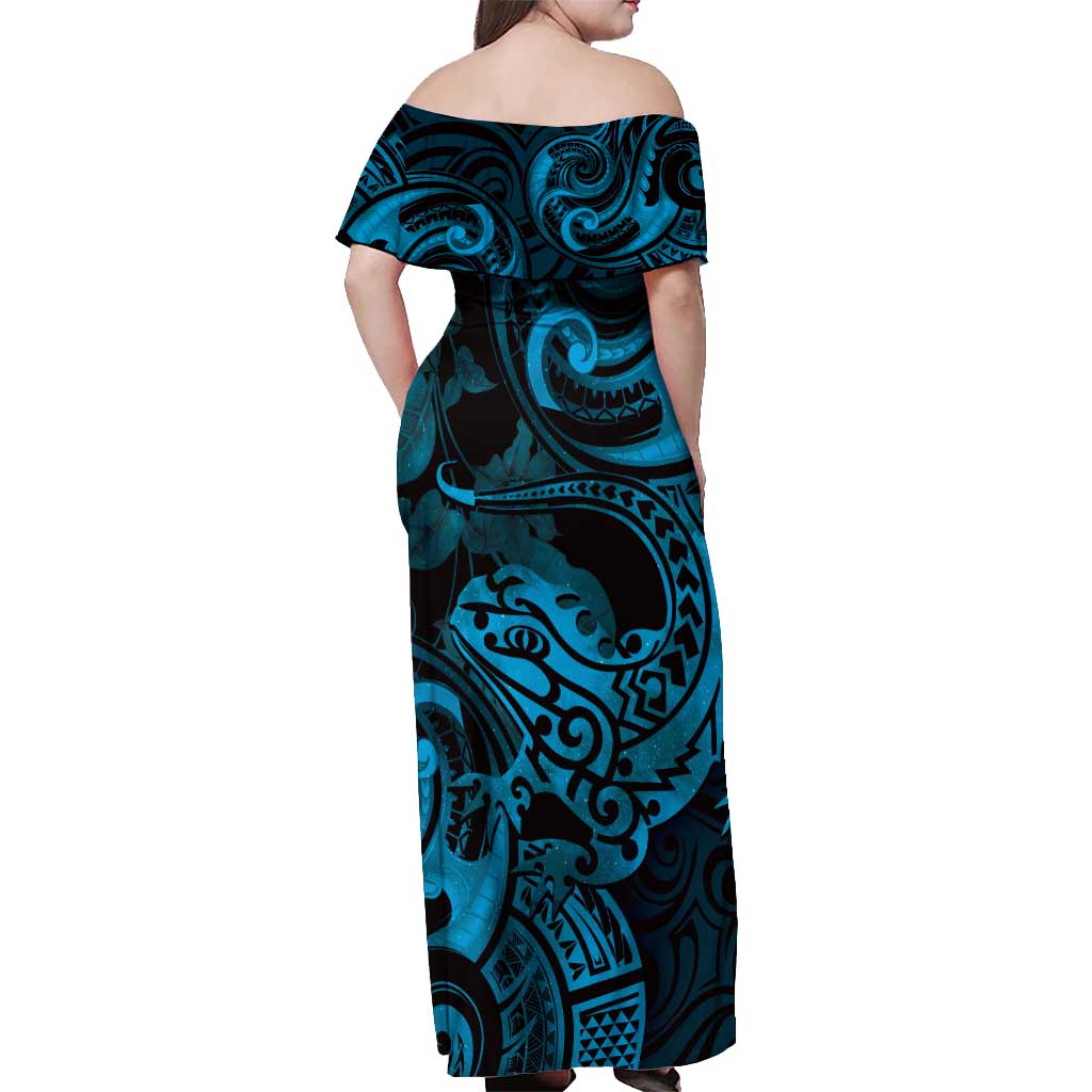 New Zealand Tuatara Off Shoulder Maxi Dress Aotearoa Maori Clematis Flowers - Blue LT14 - Polynesian Pride