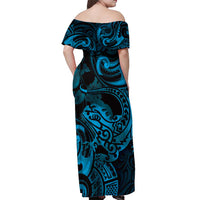 New Zealand Tuatara Off Shoulder Maxi Dress Aotearoa Maori Clematis Flowers - Blue LT14 - Polynesian Pride