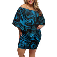 New Zealand Tuatara Off Shoulder Short Dress Aotearoa Maori Clematis Flowers - Blue LT14 Women Blue - Polynesian Pride