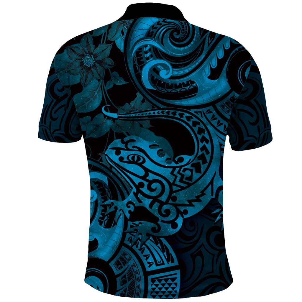 New Zealand Tuatara Polo Shirt Aotearoa Maori Clematis Flowers - Blue LT14 - Polynesian Pride