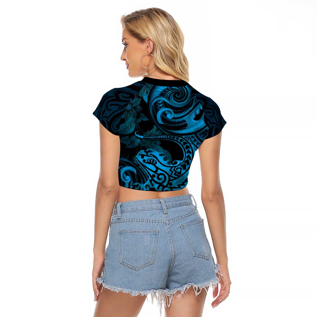 New Zealand Tuatara Raglan Cropped T Shirt Aotearoa Maori Clematis Flowers - Blue LT14 - Polynesian Pride