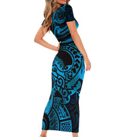 New Zealand Tuatara Short Sleeve Bodycon Dress Aotearoa Maori Clematis Flowers - Blue LT14 - Polynesian Pride