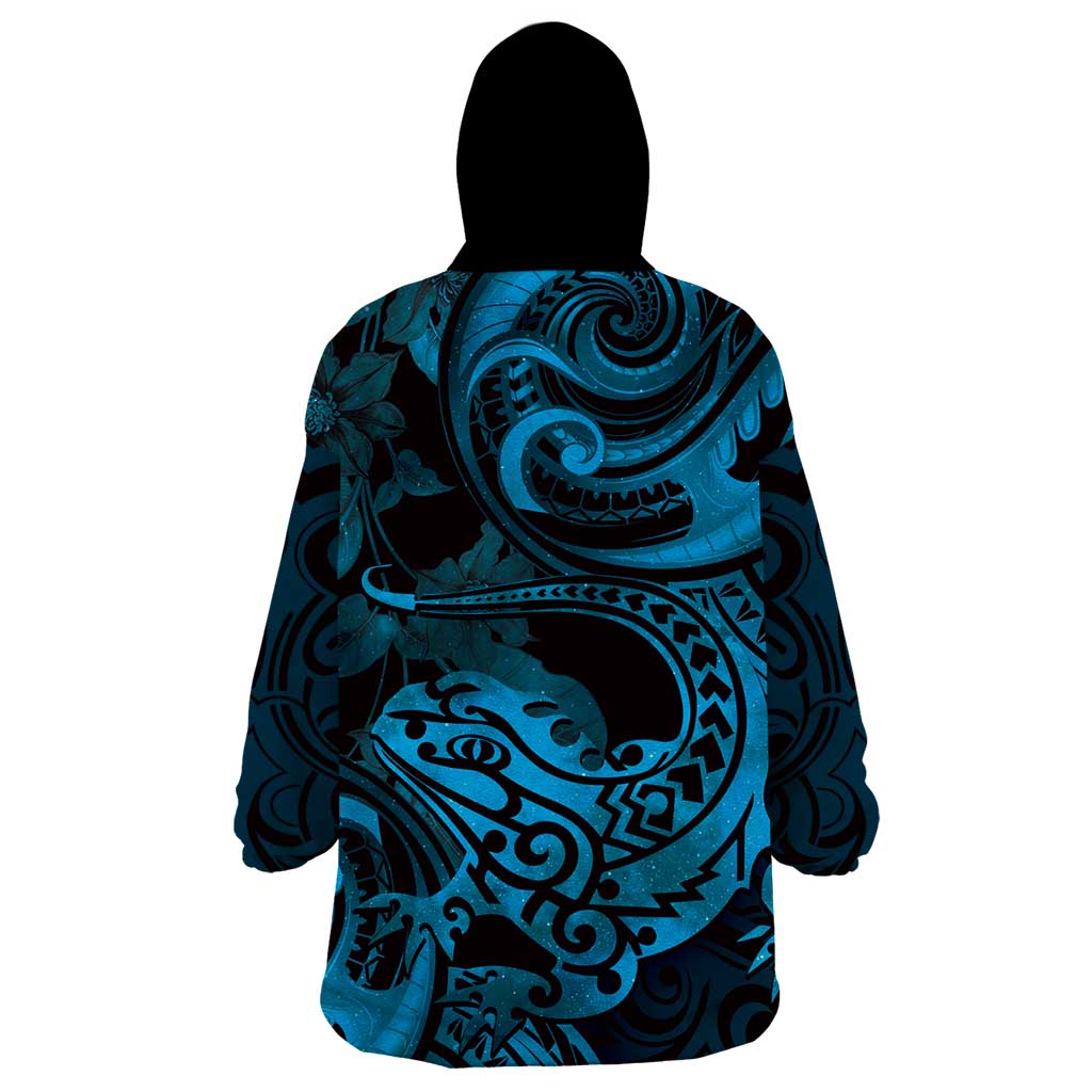 New Zealand Tuatara Wearable Blanket Hoodie Aotearoa Maori Clematis Flowers - Blue LT14 - Polynesian Pride