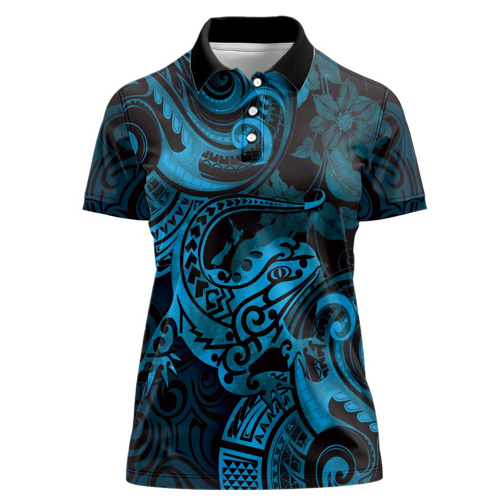 New Zealand Tuatara Women Polo Shirt Aotearoa Maori Clematis Flowers - Blue LT14 Female Blue - Polynesian Pride