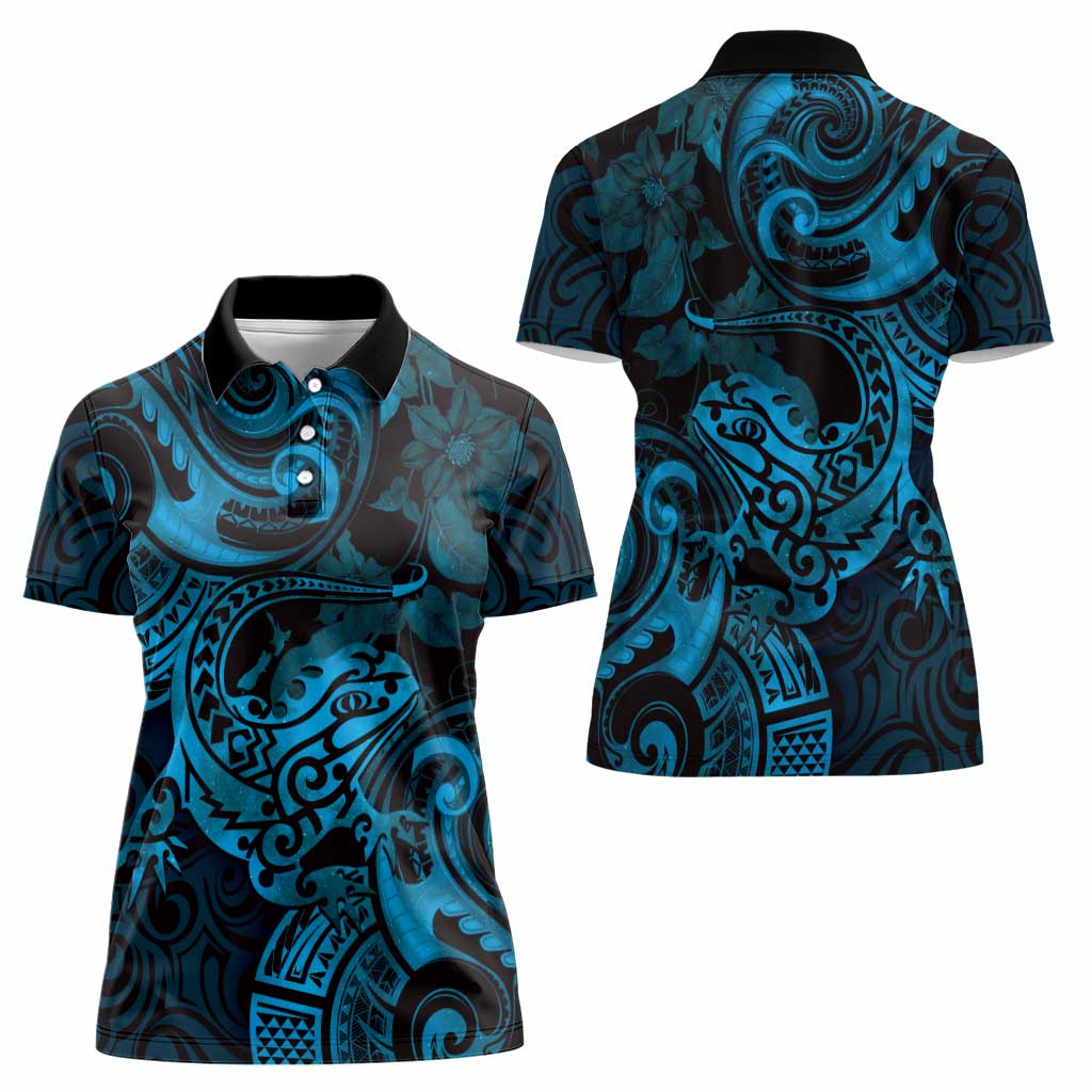 New Zealand Tuatara Women Polo Shirt Aotearoa Maori Clematis Flowers - Blue LT14 - Polynesian Pride