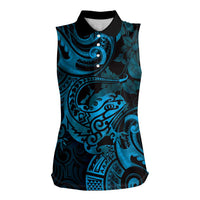 New Zealand Tuatara Women Sleeveless Polo Shirt Aotearoa Maori Clematis Flowers - Blue LT14 Female Blue - Polynesian Pride