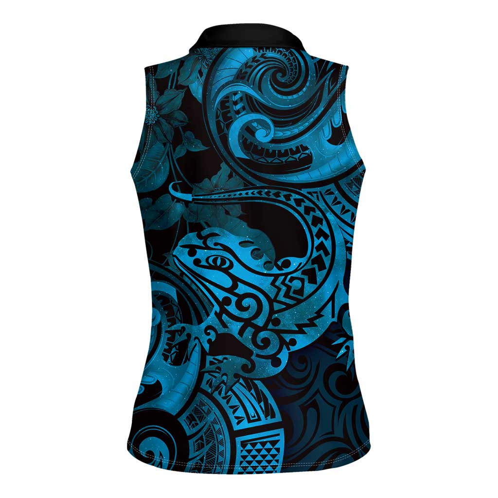 New Zealand Tuatara Women Sleeveless Polo Shirt Aotearoa Maori Clematis Flowers - Blue LT14 - Polynesian Pride