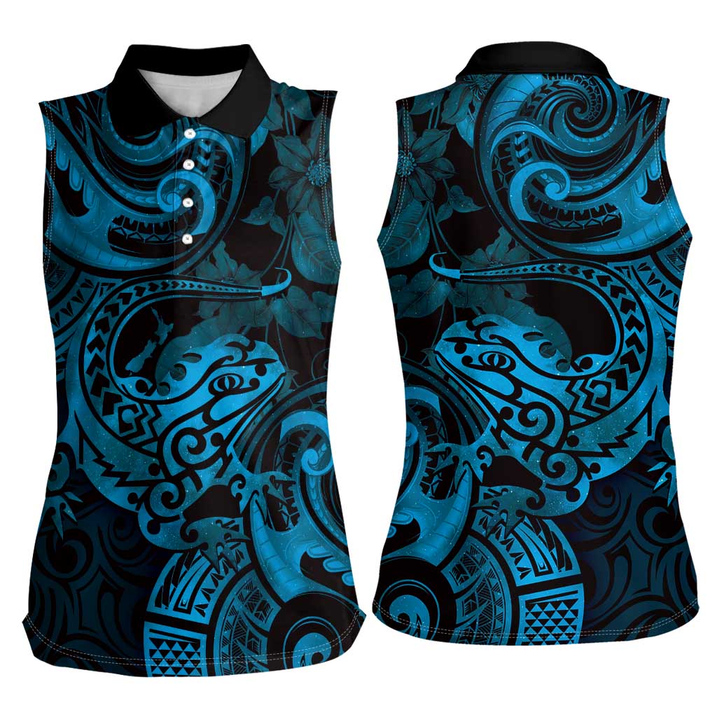 New Zealand Tuatara Women Sleeveless Polo Shirt Aotearoa Maori Clematis Flowers - Blue LT14 - Polynesian Pride