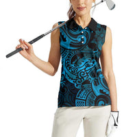 New Zealand Tuatara Women Sleeveless Polo Shirt Aotearoa Maori Clematis Flowers - Blue LT14 - Polynesian Pride