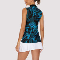 New Zealand Tuatara Women Sleeveless Polo Shirt Aotearoa Maori Clematis Flowers - Blue LT14 - Polynesian Pride